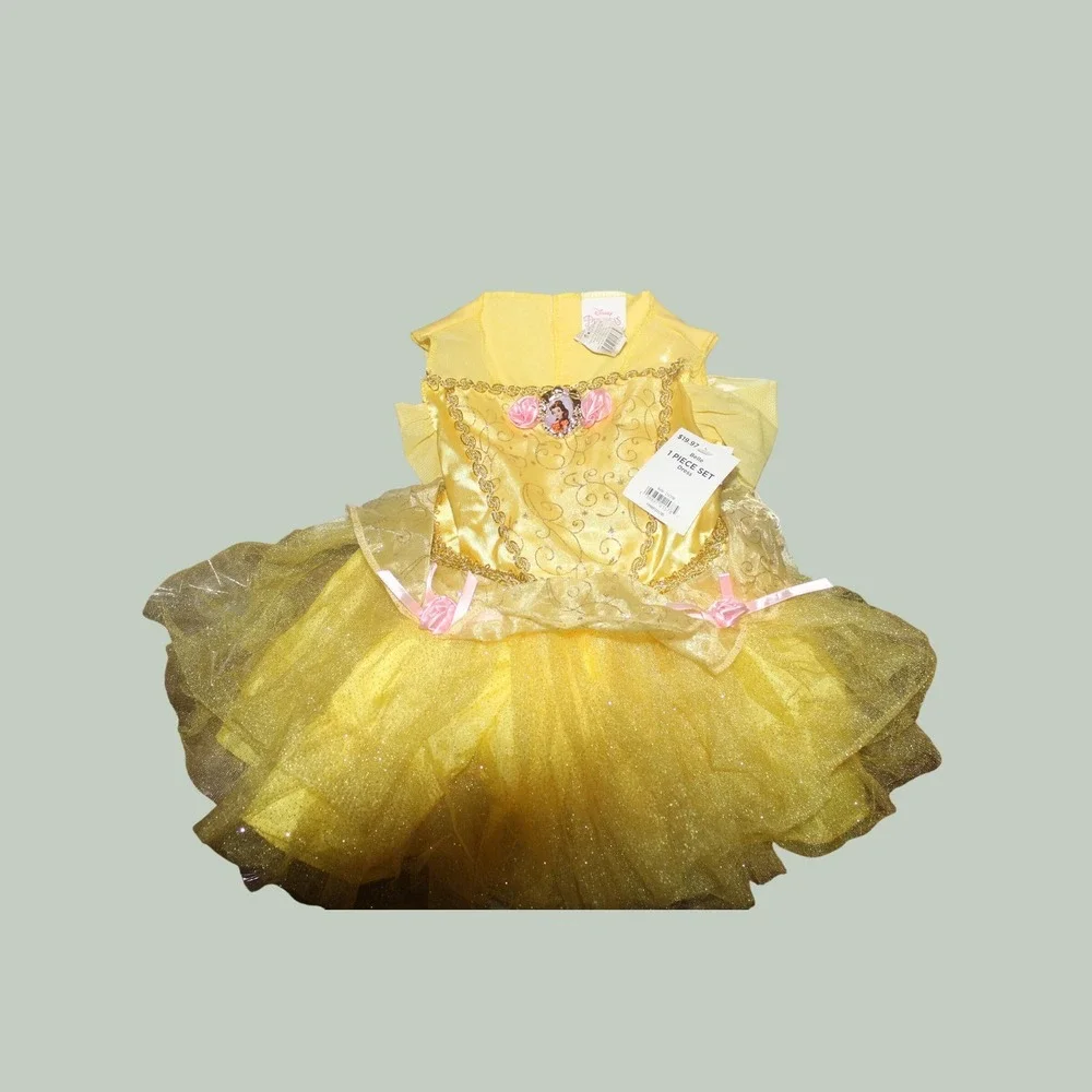 Disney Princess Belle Dress Costume Yellow Glitter Tulle 12-18 Months